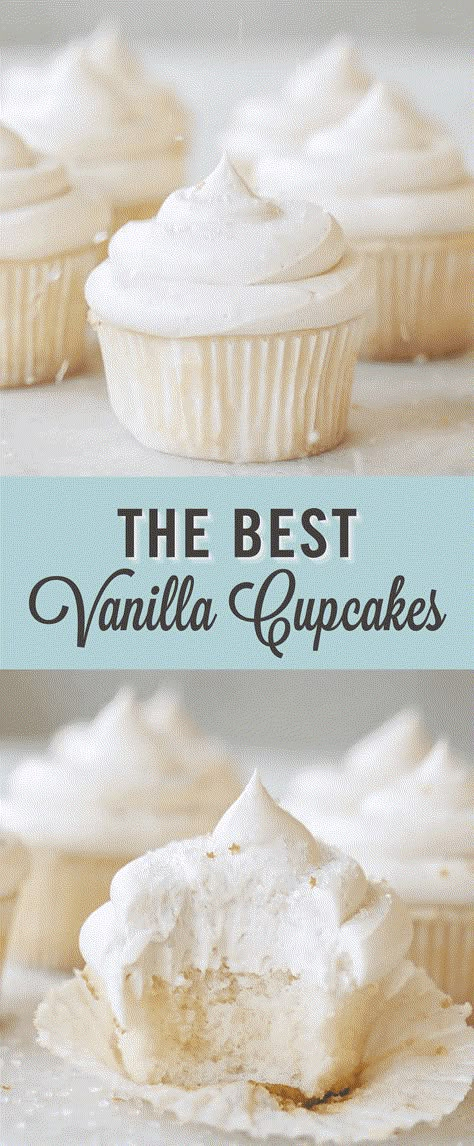 Our classic white vanilla cupcake recipe is made with a white, vanilla cake batter and topped with a whipped vanilla buttercream frosting. Using cake flour, butter, and oil these cupcakes are moist and delicious. Perfect for celebrations! #cupcakes #vanilla #white #recipe #cake #batter #sugar #dessert #celebration #parties White Vanilla Cupcakes, Cupcake Base Recipe, Simple Vanilla Cupcakes, Yellow Cupcake Recipe From Scratch, Vanilla Cupcake Recipe With Oil, Homemade Cupcakes From Scratch, Cupcake Recipes Vanilla, Small Batch Vanilla Cupcakes, Mini Cupcake Recipe