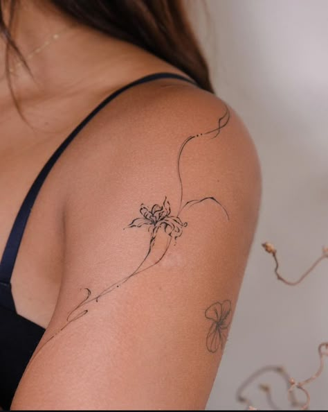 Spine Fineline Tattoo, Jasmine Shoulder Tattoo, Vine Tattoos Fine Line, White And Black Ink Tattoo, Super Feminine Tattoos, Flowy Tattoos For Women, Elegant Nature Tattoos, Love Above All Else Tattoo, Love Deeply Tattoo