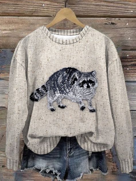 Embroidery Wool Sweater, Cute Sweaters For Women, Women Fashion Styles Types, Raccoon Sweater, Cute Womens Clothes, White Elephant Gift Ideas, Elephant Gift Ideas, Best White Elephant Gifts, Animal Sweater