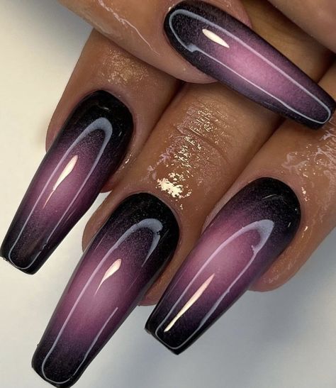 Follow for more Ombre Dark Purple Nails, Purple Ombre Halloween Nails, Black To Purple Ombre Nails, Dark Purple Ombre Nails Glitter, Ombre Purple Nails, Black Purple Nails, Purple Witchy Nails, Purple Black Nails, Purple Ombré Nails