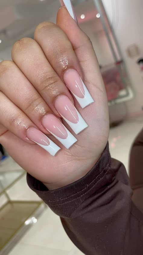 Mediums Acrylic Nails, White French Tip Tapered Square Nails, Long Square Nails French Tip, Long Square French Tip Nails, Xl Nail Ideas, Medium French Tip Acrylic Nails, Long Nails French Tip, Acrylic Nails Medium Length, French Tip Long