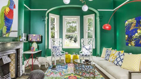 Tropical themes eclectic living room with walls painted in Dulux Green Paw Paw. Green Color Wall, Peacock Green Color, Green Interior Decor, Green Painted Walls, Paint Color Schemes, Paw Paw, Green Paint Colors, Color Wall, Vintage Interiors