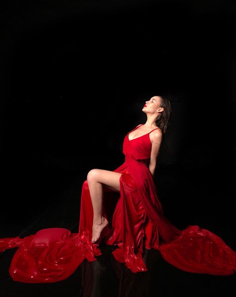 Red Dress Black Background Photoshoot, Red Dress Model Photoshoot, Red Gown Photoshoot, Red Photoshoot, Fancy Gown, High Fashion Poses, Satin Silk Dress, Red Ball Gown, Red Silk Dress