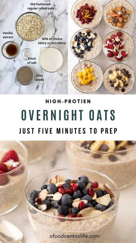 High protein overnight oats. Make them simple or make them fancy, either way you have a grab-and-go, easy, healthy breakfast. Overnight oats is great to meal prep for a make-ahead breakfast. Overnight Oats Healthy Measurements, Overnight Oats With Measurements, Overnight Chia Oats Healthy, Overnight Oats Cheap, Drinkable Overnight Oats Protein, Overnight Oats For Picky Eaters, Fancy Overnight Oats, Preworkout Breakfast Fat Burning, Overnight Oats Recipe Measurements