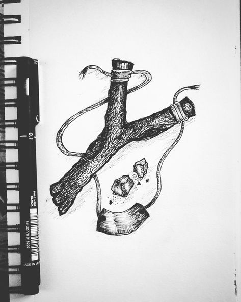 Slingshot Drawing, Slingshot Tattoo, Timeline Tattoo, Inspo Tattoo, David Stone, Bible Tattoos, Stone Tattoo, Bleach Shirt, Idea Tattoo