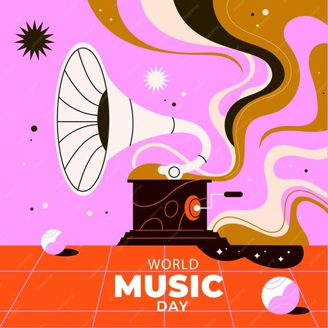 Premium Vector | Flat illustration for world music day celebration Playlist Illustration, Flat Illustration Poster, Music Day Poster, Y2k Illustration, World Music Day, Music Rhythm, Techno Music, Music Illustration, World Music