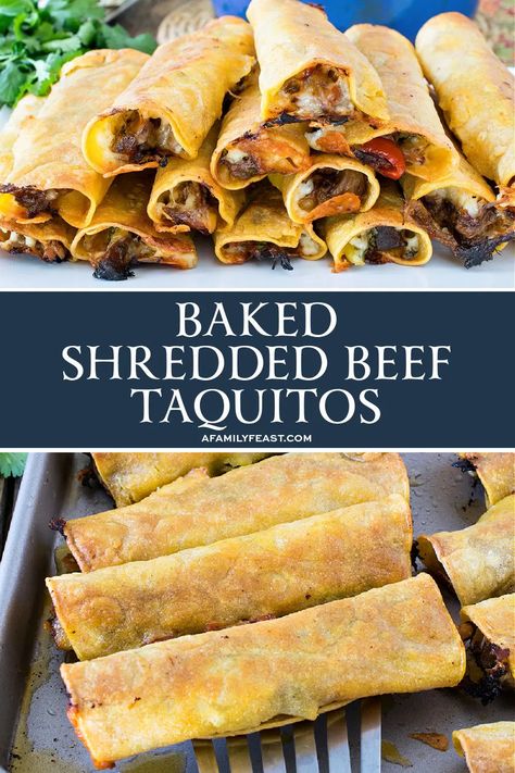 Baked Shredded Beef Taquitos - A Family Feast® Shredded Beef Taquitos, Mexican Taquitos, Baked Corn Tortillas, Beef Taquitos, Baked Taquitos, Shredded Beef Recipes, Taquitos Beef, Mexican Shredded Beef, Taquitos Recipe