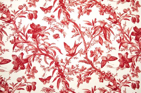 A red toile with birds, butterflies, and passion flowers. A toile fabric for red lovers only! Tree branches with leaves, flowers, and berries form a strong diagonal pattern across the fabric. Birds perch here and there as butterflies fly by. #toile #toile_fabric #toile_de_jouy #butterflies #butterfly #birds #fabric #sewing #houzz #red_toile_fabric #red_toile Red Flower Fabric, Red Toile Wallpaper, Flowers Sewing, Sewing Upholstery, Fabric Bird, Passion Flowers, Red Toile, Toile Wallpaper, Toile Pattern