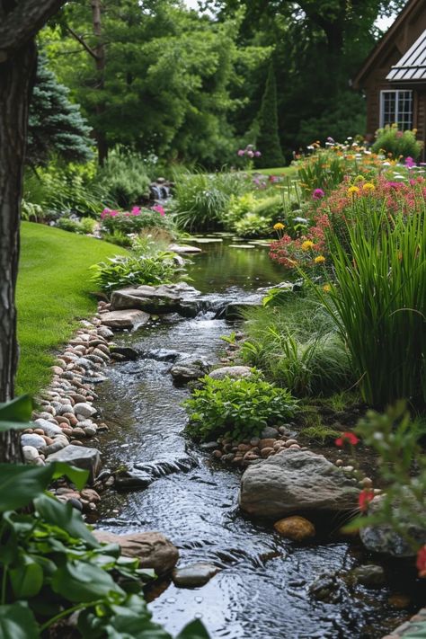 Small Stream In Garden, Backyard With Creek, Natural Stream Landscaping, Diy Waterfall Pond Backyard Stream, Small Creek In Backyard, 9b Landscaping, Stream In Garden, Pond In Backyard, Backyard Streams