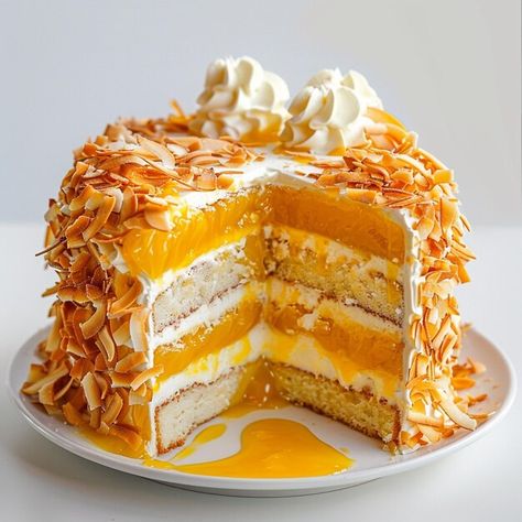 Photo mango passionfruit coconut cake wi... | Premium Photo #Freepik #photo Mango Passionfruit Dessert, Passionfruit Dessert, Mango Coconut Cake, Passionfruit Cake, Mango Passionfruit, Mango Cake, Mango Coconut, Delicious Cakes, Beautiful Desserts