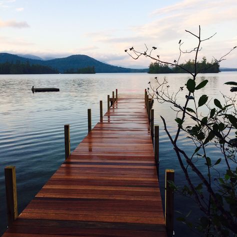 Custom made dock and barge for Squam Lake, NH #dock #squamlake Boat Dock Pictures, Dock On Lake, Beautiful Boat Docks, Dock Aesthetic Lake, Docks On The Lake Paintings, Lake Retreat, Lake Camping, Lake Dock, Waves Photos