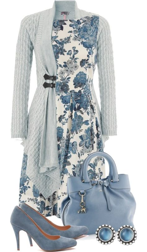 "blue roses" by sagramora on Polyvore....love everything but the sweater and shoes فستان سهرة, Floral Outfit, Easter Outfit, Komplette Outfits, A Dress, Look Fashion, Classy Outfits, Beautiful Outfits, Pretty Outfits