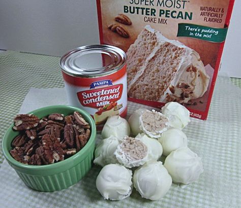 Butter Pecan Cake Mix Truffles Cake Mix Pop Recipes, Butter Pecan Cake Pops Recipe, Butter Pecan Cake Pops, Cake Mix Truffles, Cake Batter Truffles, Best Cake Mix, Baking Cakes Ideas, Recipes Using Cake Mix, Apple Desserts Easy