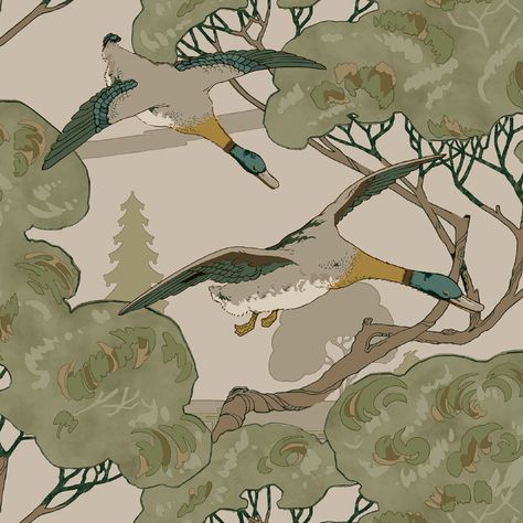 Grand Flying Ducks - Emerald | Kravet Ducks Wallpaper, Flying Ducks, 1920s Design, Duck Wallpaper, Mulberry Home, Large Scale Wallpaper, Fabric Houses, Tree Silhouette, Striped Wallpaper