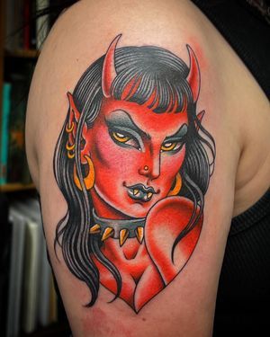 Valerie Vargas • Tattoo Artist • Book Now • Tattoodo Valerie Vargas Tattoo, Vampire Traditional Tattoo, Traditional Lady Head Tattoo, Demon Girl Tattoo, Traditional Lady Head, Devils Tattoo, Traditional Tattoo Woman Face, Lady Head Tattoo, Traditonal Tattoo