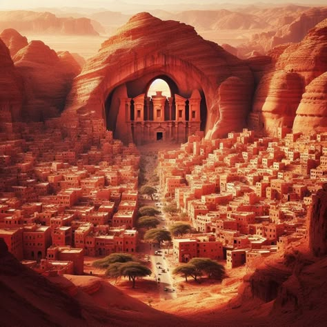 Desert Fantasy Art Cities, Dessert City Fantasy Art, Desert Dnd Art, Fantasy Canyon City, Dnd Desert Town, Fantasy Desert Kingdom, Dnd Desert City, Fantasy Desert Town, Desert Fantasy City