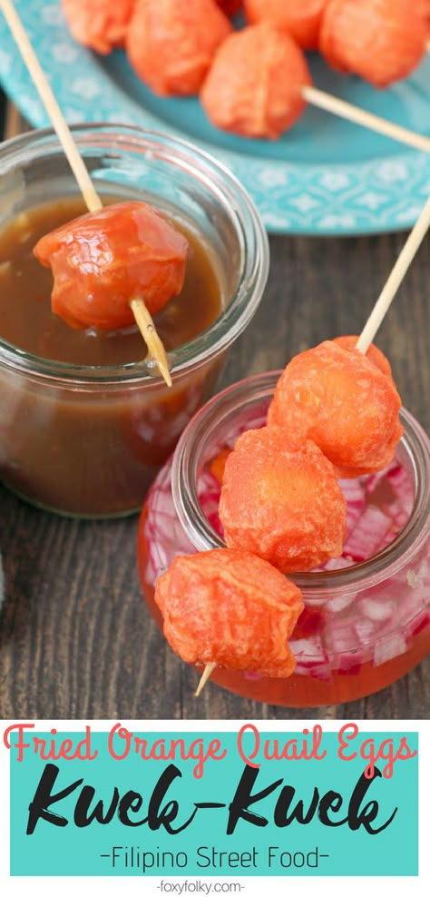 'Kwek Kwek' is a beloved Filipino street food made of hard-boiled quail eggs covered in the  orange batter and then deep fried. Get the recipe here now! | www.foxyfolksy.com #quaileggs #streetfood #deepfried #filipinofood Weird Eggs, Kwek Kwek Recipe, Quail Farming, Quail Egg Recipes, Filipino Appetizers, Kwek Kwek, Frame Shelves, Salads Appetizers, Quail Recipes