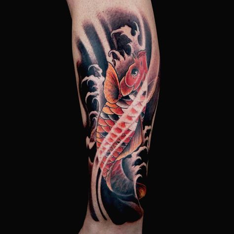 Koi Fish Tattoo by St. Marq Coy Fish Tattoo Men, Koi Fish Tattoo On Leg, Leg Tattoo Koi Fish, Mens Koi Fish Tattoo, Coy Fish Arm Tattoo, Mens Coy Fish Tattoo, Pez Koi Tattoo, Coy Fish Tattoos, Temp Fade Haircut