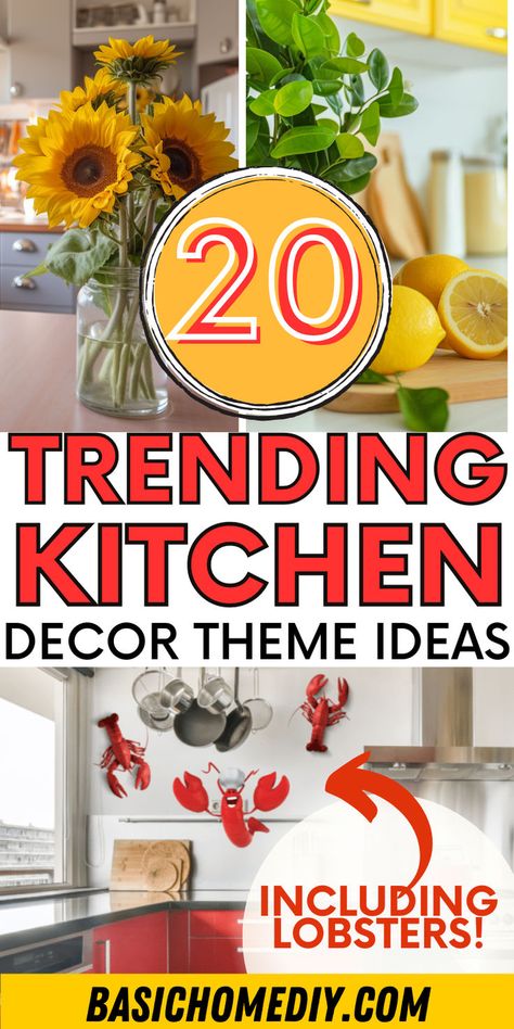 Upgrade your kitchen: 20 trending themes to try now - including sunflowers, lobsters, wine, and decorating kitchen countertops! Embrace kitchen coastal style with blue and green kitchen accessories or combine rustic farmhouse kitchen ideas with a wine themed kitchen. Brighten your home with a lemon kitchen theme and explore farm kitchen countertops and kitchen color theme ideas. Find cute sunflower kitchen decoration for small kitchens and color palettes for an amazing home kitchen design. Kitchen Decor Colors, Cute Kitchen Decor Themes, Theme Kitchen Ideas, Unique Kitchen Themes, Kitchen Decorating Themes, Kitchen Themes Ideas Decoration, Kitchen Decor Ideas Themes, Themed Kitchen Ideas, Cute Kitchen Themes