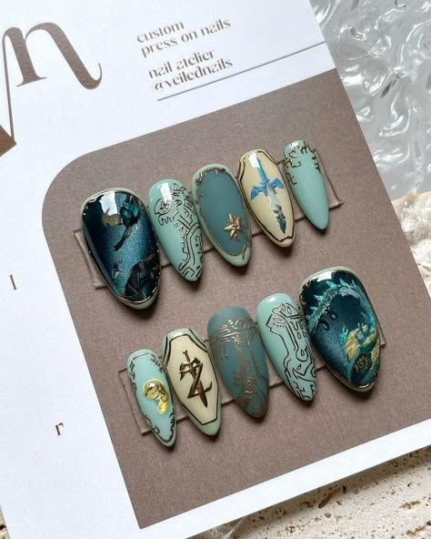 Breath Of The Wild Nails, Legend Of Zelda Nail Art, Lord Of The Ring Nails, D&d Nails, Lord Of The Rings Nail Art, Xiao Nails, Book Nails Designs, Legend Of Zelda Nails, Zelda Nail Art