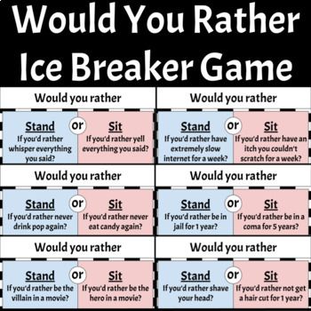 This download includes 50 would you rather questions designed for high school students.  These are great ice breaker questions that get kids discussing their preferences and helps the classroom bond together.  There are enough questions to play the game 2-3 times (I usually only ask about 15-20 questions to each class).I usually have a bag of candy that I hand out during this activity.  After each question, I ask 2 students with different choices (1 sitting & 1 standing) to explain why they Ice Breakers For Senior Citizens, Ice Breaker Questions For Kids, High School Ice Breakers, Teen Group Games, Class Ice Breakers, Small Group Ice Breakers, Crazy Questions, Counselling Worksheets, Funny Icebreaker Questions