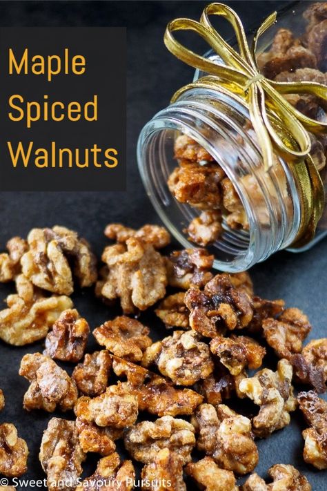 These walnuts get tossed in a sweet and spicy glaze and are then perfectly roasted until golden brown. So easy and quick to make, these Maple Spiced Walnuts will surely become a favourite! Spiced Walnuts Recipe Savory, Spicy Walnuts Roasted, Sweet And Spicy Walnuts Recipe, Hungryroot Recipes, Spiced Walnuts Recipe, Honey Glazed Walnuts, Spicy Walnuts, Easy Homemade Snacks, Spiced Walnuts