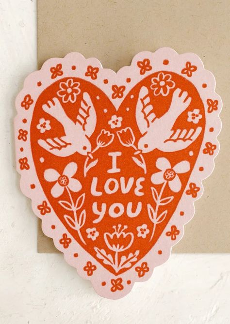 Heart Shaped I Love You Card – LEIF Valentine's Greeting Card, Valentines Cards Design, Homemade Love Cards, Block Printed Cards, I Love You Card, Homemade Thank You Cards, Cute Card Designs, Cute Heart Designs, Homemade Anniversary Cards