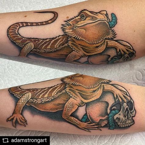 Tattoo by @adamstrongart @adamstrongart @adamstrongart Contact him directly to set up an appointment. . . Horatio the bearded dragon! I… | Instagram Bearded Dragon Skeleton Tattoo, Dragon With Skull Tattoo, Dragon Tattoo Styles, Amazing Tattoo Ideas, Tattoo Planning, Bearded Dragon Tattoo, Dragon Skeleton, Big Artwork, Baby Bearded Dragon