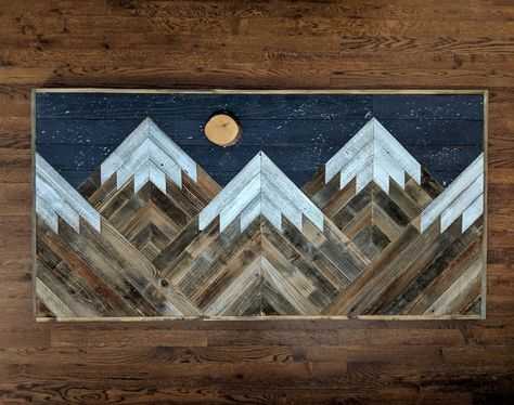 Rustic Mountain Wood Wall Art With Night Sky Moon and Stars | Etsy Snowcapped Mountains, Mountain Wood Wall, Mountain Wood Art, Sky Hand, Mountain Wood Wall Art, Night Sky Moon, Reclaimed Wood Wall Art, Star Wall Art, Reclaimed Wood Wall