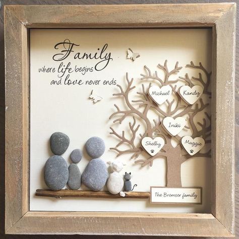 Mothers gift Pebble Art Family Tree Wedding gift Pebble | Etsy Pebble People, Family Tree With Pictures, Tree Pictures, Family Tree Gift, Rock Family, Family Tree Frame, Pebble Art Family, Beach Pebbles, Cadeau Parents