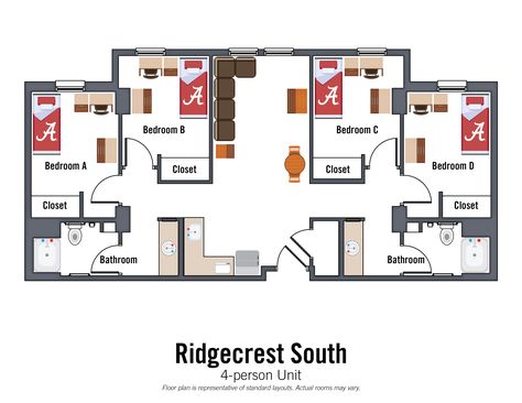 4 Person Dorm, Dorm Layout, Dorm Room Layouts, Dorm Hacks, Closet And Bathroom, College Dorm Room Decor, Apartment Floor Plans, Architecture Design Sketch, Floor Bed