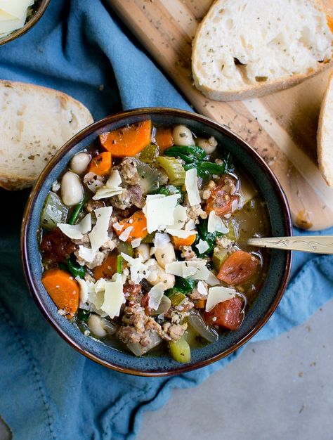 Italian Sausage Soup - Stuck On Sweet The Best Soup, Italian Sausage Soup, Best Soup, Best Soup Recipes, Sausage Soup, Cannellini Beans, Summer Squash, Crusty Bread, Italian Sausage