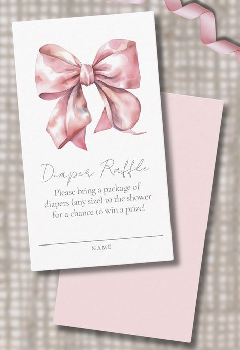 Simple Pretty Watercolor Pink Bow Baby Shower Theme Diaper Raffle Ticket Card Party Game Baby Shower Theme Girl Bows, Bow Baby Shower Theme Girl, Pink Bow Baby Shower Theme, Bow Baby Shower Theme, Work Baby Showers, Pearl Baby Shower, Watercolor Bow, Girl Shower Themes