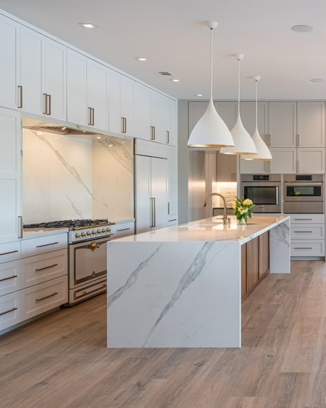 Marble Kitchen Island With Seating, Shaker Kitchen With Waterfall Island, Island Marble Kitchen, Marble Wood Kitchen Island, Island Kitchen Waterfall, Modern Kitchen Waterfall Island, Kitchen Island Quartz Counter Tops Waterfall, White Kitchen Cabinets With Waterfall Island, Waterfall Cabinets Countertops