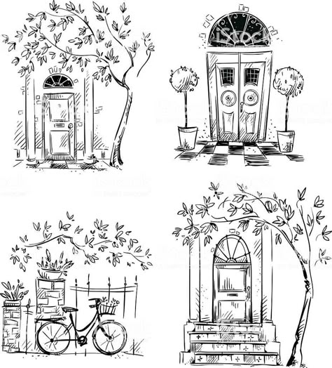 Doorway Drawing, 심플한 그림, Architecture Drawing Sketchbooks, Architecture Drawing Art, Pola Sulam, 수채화 그림, House Architecture, Doors And Windows, Pencil Art Drawings