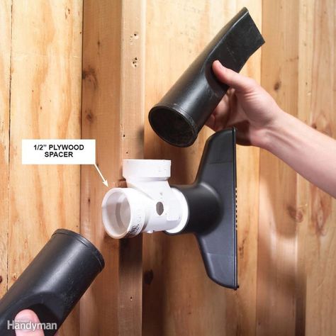 PVC Shop vac attachment holder. Take an attachment to the home center to find a PVC 'T' that fits. Stand it off from the wall using a 1/2" plywood shim. Drill a home through 'T' to slip a long screw through, & affix to the wall or an exposed stud. Woodshop Storage, Collapsible Chair, Gutter Cleaner, Pvc Pipe Projects, Pvc Projects, Shop Vacuum, Pvc Pipes, Table Saw Accessories, Shop Vac