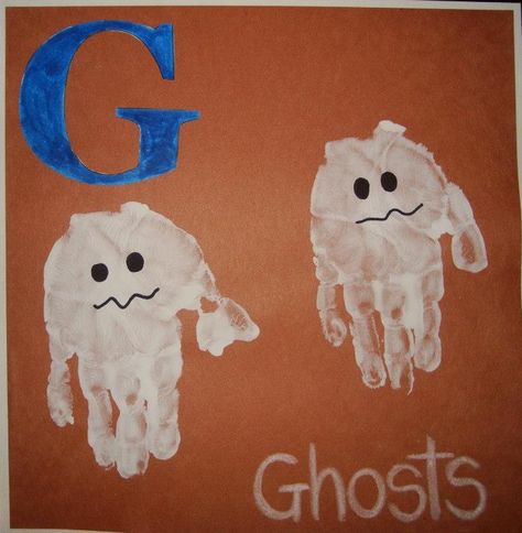 Our Week with the Letter G, early learning, Ghost hand prints Hand Print Ghost, Letter G Arts And Crafts For Preschool, Letter G Crafts, Letter G Activities, Daycare Art, Preschool Letter Crafts, Alphabet Crafts Preschool, Abc Crafts, Alphabet Letter Crafts