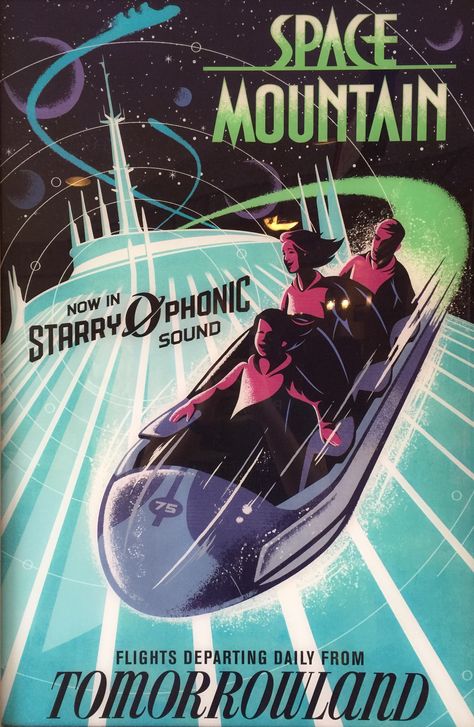 Space Mountain Poster at Walt Disney World Disneyland Tomorrowland, Vintage Disney Posters, Disney Poster, Disney Attractions, Retro Disney, Disney Rides, Disney Collector, Disney Posters, Space Mountain