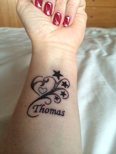 Give a gift to a loved one. Choose one of 50+ unique paired infinity tattoo ideas with names, dates, and symbols that will emphasize the power of your love. Thomas Tattoo Name, Tara Tattoo, Tattoos For Your Son, Thomas Tattoo, Tattoos Representing Children, Tattoo For My Son, Kind Tattoo, Son Tattoos, Name Tattoos For Moms