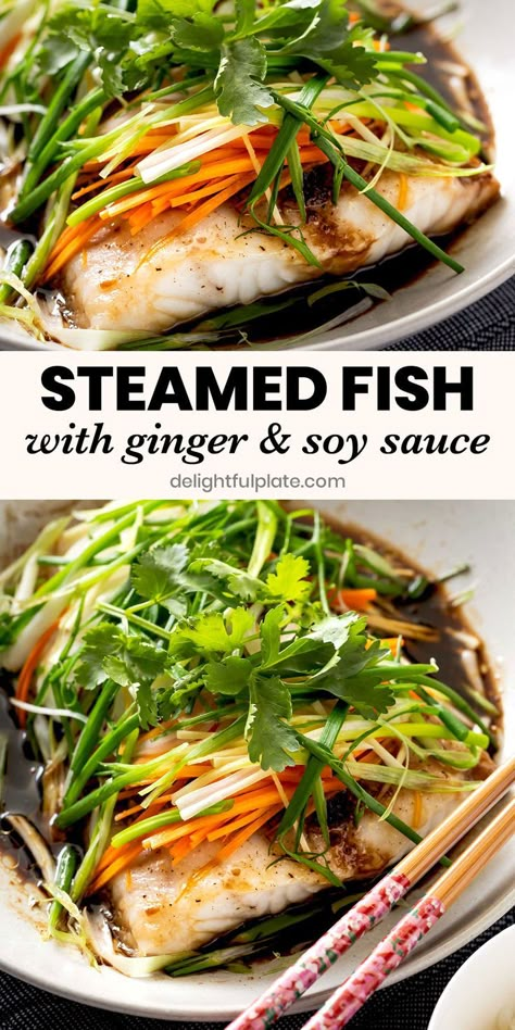 a plate of Chinese/Vietnamese steamed fish with ginger and soy sauce Steamed Fish Recipes, Fish Fillet Recipe, Cod Fish Recipes, White Fish Recipes, Fish Dinner Recipes, Steamed Fish, Fish Recipes Healthy, Fish Dinner, Healthy Fish