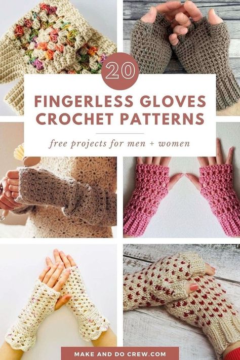 Learn how to crochet gloves with this collection of fingerless mitts, curated by Make and Do Crew. From quick lightweight mitts and wrist warmers, to chunky fingerless gloves and hand warmers, even beginners will find a pattern they love. Many of these crochet handwarmer patterns are made with basic crochet skills and make a quick, easy project. Visit the blog for the crochet gloves patterns today. - Fingerless Mittens Crocheted Fingerless Gloves, Crochet Gloves Free Pattern, Crochet Fingerless Gloves Free Pattern, Fingerless Gloves Crochet, Crochet Hand Warmers, Crochet Mitts, Crochet Wrist Warmers, Puff Stitch Crochet, Gloves Crochet