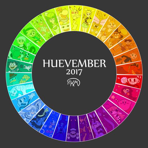 Here it is, at long last! The completed Huevember colour wheel. :'D So proud of this, my first time completing a month long challenge! This was really fun, but it'll be a while before I do another one lol. xD Now back to my school work!  Larger version viewable here! https://akysi.deviantart.com/art/Huevember-2017-COMPLETE-717817942 Colour Wheel Art Challenge, Colour Wheel Challenge, Color Wheel Art Challenge, Huevember Art, Huevember 2024, Color Wheel Challenge, Color Harmonies, Color Wheel Art, Drawing Challenges