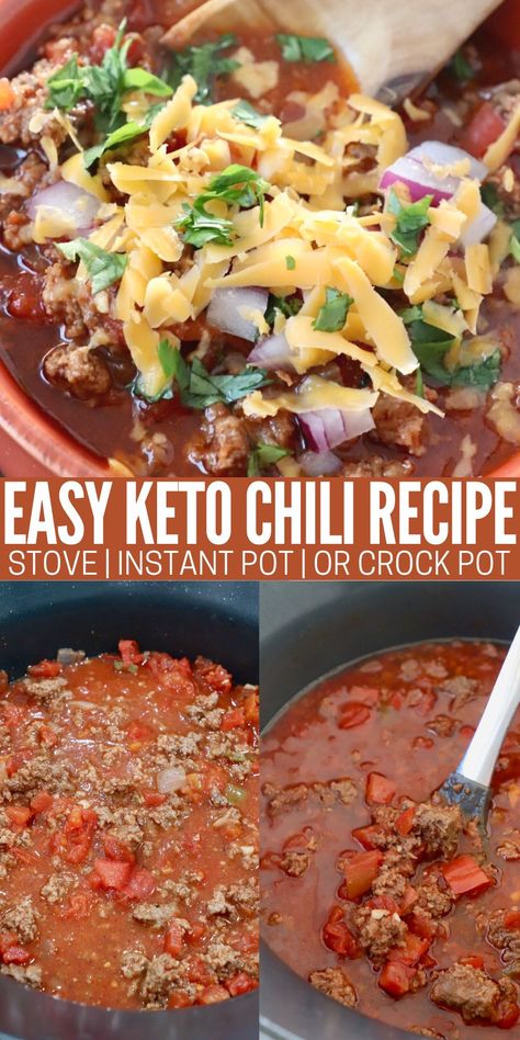 Make THE BEST Keto Chili on the stove, in an Instant Pot or in a slow cooker with this easy, flavorful no bean chili recipe! At only 10 net carbs per serving, this recipe is perfect for those on a low carb or keto diet. Cornbread Instant Pot, Easy Keto Chili, Keto Chilli, Vsg Diet, Beef Chili Crockpot, Low Carb Chili Recipe, Keto Chili, Low Carb Chili, Chili And Cornbread