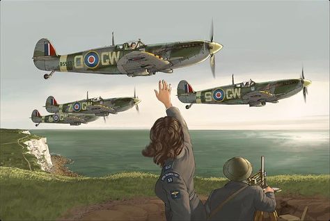 Spitfires Over Dover, by Romain Hugault Wwii Fighter Planes, Wwii Airplane, Military Drawings, Wwii Fighters, Aircraft Painting, Military Artwork, Airplane Art, Supermarine Spitfire, Combat Art