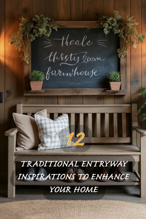 Welcome to my cozy corner! This entryway captures the essence of traditional design, blending rustic charm with modern comfort. The warm wooden tones and inviting bench offer a perfect spot to unwind. I love how the chalkboard adds a personal touch, making it a unique area that reflects my style. Let's explore more ways to bring warmth and elegance to our homes together! Entryway Decor With Bench, Entry Bench Ideas, Front Entrance Bench, Vintage Entryway Ideas, Large Entry Way Ideas, Front Entry Ideas, Entry Benches, Traditional Entryway Ideas, Modern Victorian Bedroom Ideas