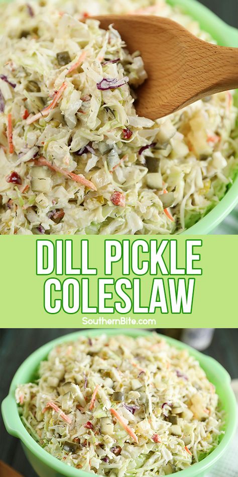 If you're a pickle lover, you're going to love this quick and easy recipe for Dill Pickle Coleslaw! It's the perfect blend of tangy and tart and is a great side for your next bbq or cookout! Dill Pickle Coleslaw, Pickle Coleslaw, Dill Pickle Recipe, Coleslaw Recipe Easy, Coleslaw Salad, Pickle Lover, Reflux Diet, Acid Reflux Diet, Slaw Recipes