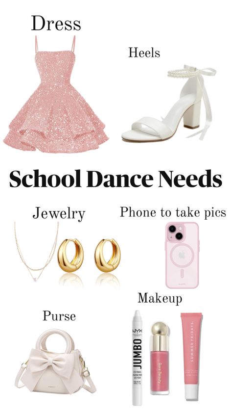 Dresses, makeup, bags, and just things you might need! Valentines Dance Outfit, Middle School Dance Outfits, 8th Grade Dresses, Grade Dresses, School Dance Outfits, Dance Outfit Ideas, School Dance Ideas, Middle School Dance, 8th Grade Formal