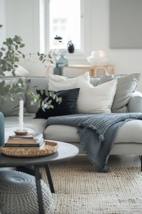 Revamp Your Space with Blue Gray Living Room Ideas Black White Gray Blue Living Room, Minimalist Living Room Blue Couch, Grey And Blue Interior Design, Blue Living Room Grey Sofa, Living Room Decor Blue And Gray, Cozy Gray Living Room, Gray Blue Living Room, Grey Blue Living Room, Blue Gray Living Room