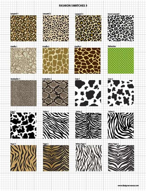 Seamless Vector Fabric Patterns of Animal Print  Patterns for fashion drawing in Adobe Illustrator: Leopard print, Giraffe print, Snake print, Cow prints, Zebra prints, Tiger prints- Vector Fabric Swatches & Fashion Embellishments $49.95 -  #seamlesspattern #textiledesign #vectorpattern #fabricpatterns #animalprint Tiger Fabric Pattern, Basic Prints Pattern, Tiger Fabric Prints, Snake Print Illustration Fashion, Fabric Patterns Prints Textile Design 2023, Zebra Print Fashion Illustration, Zebra Fashion Illustration, Drawing Leopard Print, How To Draw Zebra Print