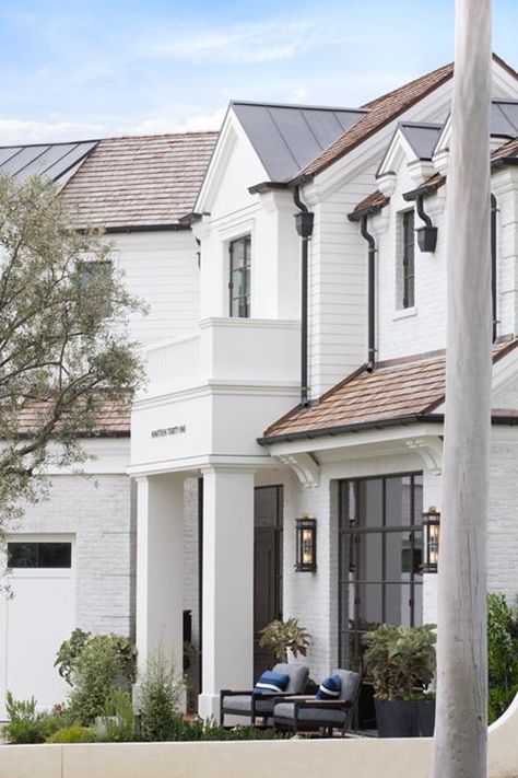 This exterior is giving us all the side-eye  were loving every minute of its soft contemporary sass! #brandonarchitects   Builder: Patterson Custom Homes Interior: Bonesteel Trout Hall Lens: Tosti Studios White House Black Gutters, Black Gutters, Brandon Architects, Modern Cape, Cape Cod House Plans, Brick Backdrops, Clapboard Siding, Brick Detail, Open Concept Floor Plans